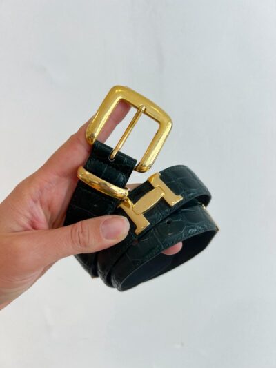 Ceinture vintage en cuir vert foncé façon croco