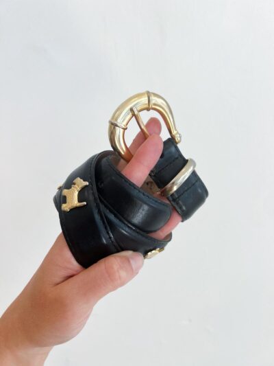 Ceinture vintage en cuir noir décor scottie